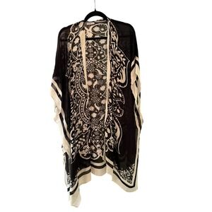 Breezy Lane Kimono Black White Medallion Damask Print Viscose Wrap Cover-Up OS
